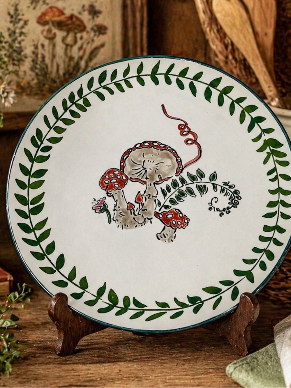 Spectrum Heather’s Mushroom Dinner Plate Server Ceramic Stoneware 10.5” Blue Sky
